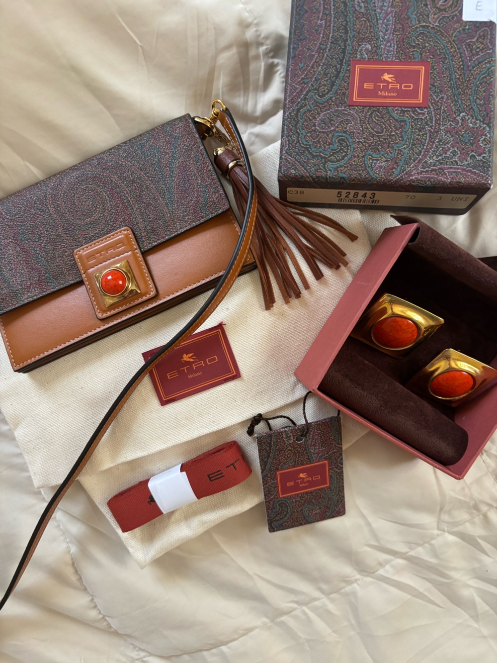 Etro Milano Paisley Crossbody Tan Leather Red Stone Gold Matching Earrings Boho - Picture 15 of 17